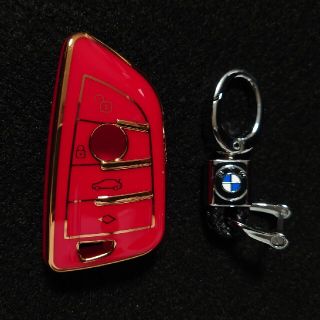 レッド ＆ ゴールド BMW キーケース ＆ キーホルダー セット(車内アクセサリ)