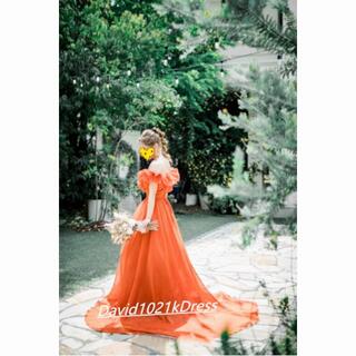 カラードレス オレンジ 結婚式ドレス オフショルダー 2次会 人気
