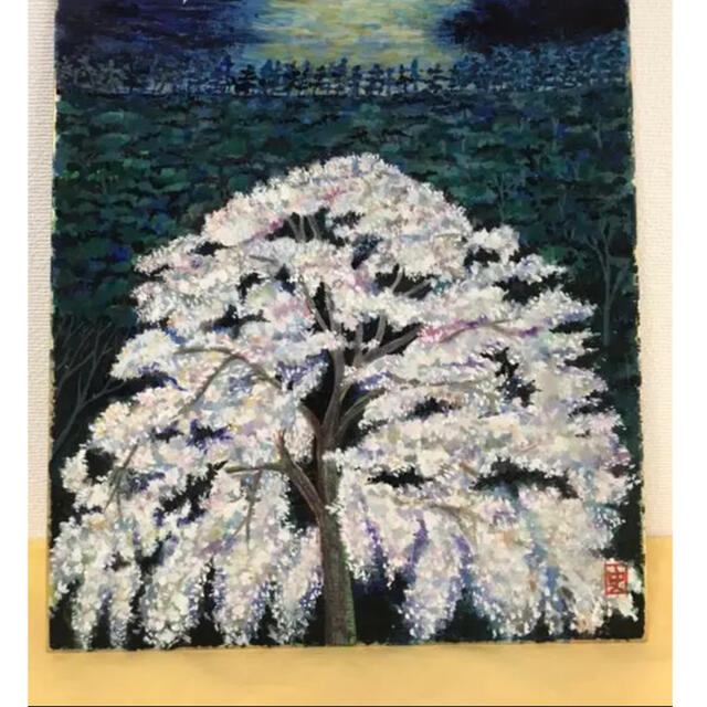 作家不詳『夜桜』色紙画 油彩 肉筆真筆 一点物の通販 by はやち's shop