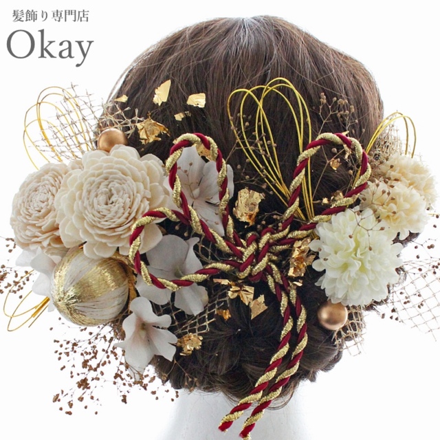 成人式 卒業式 結婚式　ドライフラワー 水引金箔　髪飾りme-kmk-660 ハンドメイドのアクセサリー(ヘアアクセサリー)の商品写真