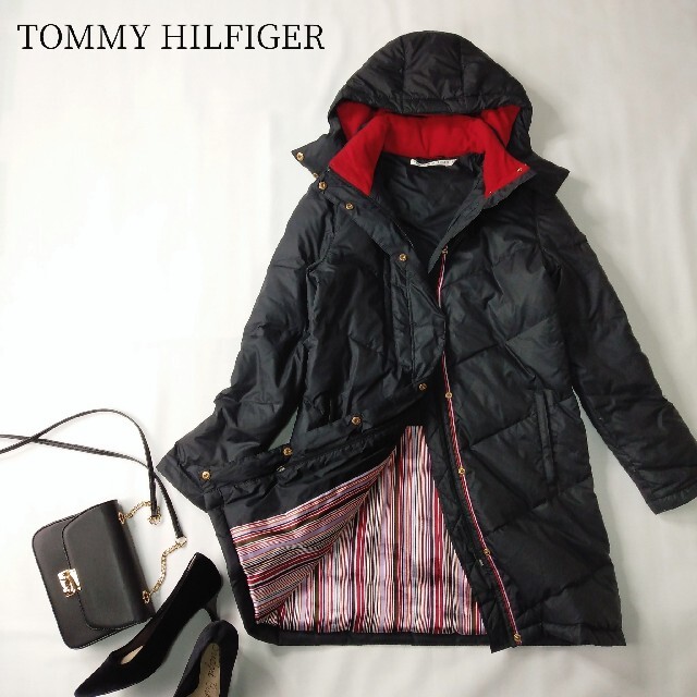 TOMMY HILFIGER(トミーヒルフィガー)の【虹色裏地】TOMMY HILFIGER ロングダウンコート ブラック S/P レディースのジャケット/アウター(ダウンコート)の商品写真