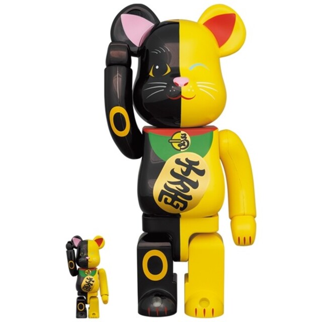 MEDICOM TOY(メディコムトイ)の2体　BE@RBRICK 招き猫 黒×黄 100％ & 400％ ベアブリック ハンドメイドのおもちゃ(フィギュア)の商品写真