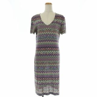 ミッソーニ(MISSONI)のミッソーニ ニットフレアワンピース ロング 総柄 M 紫 緑 マルチカラー(ロングワンピース/マキシワンピース)