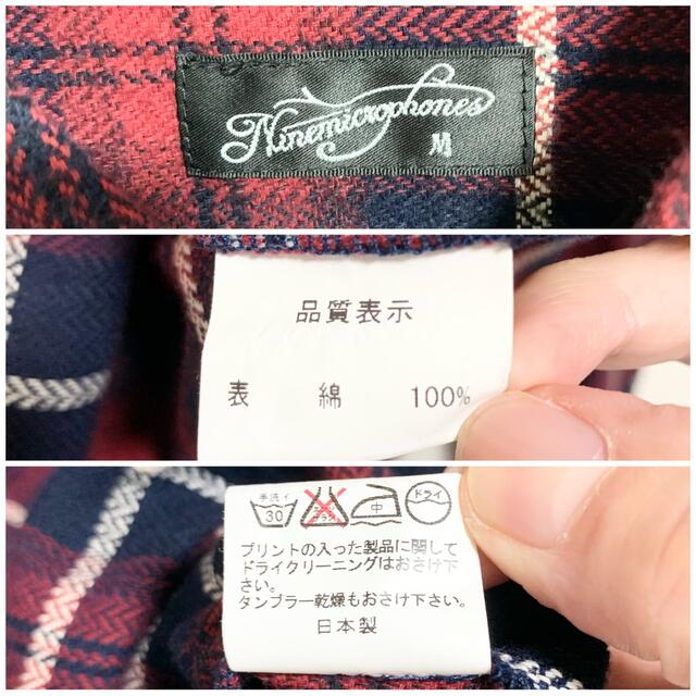 ナインマイクロフォンズ チェックシャツ メンズM 赤 紺 ビッグロゴ 日本製 4