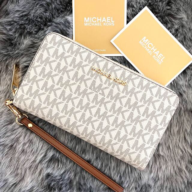 新品☆MICHAEL KORS ホワイト レザー 長財布ファスナー付き小銭入れ×1