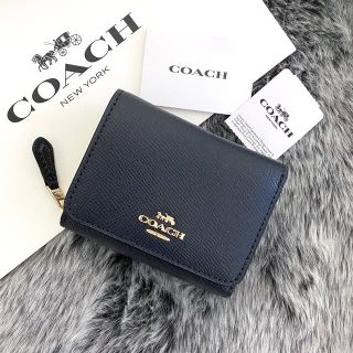 新品 COACH(コーチ) メンズ ミッドナイトブルー レザー 折り財布