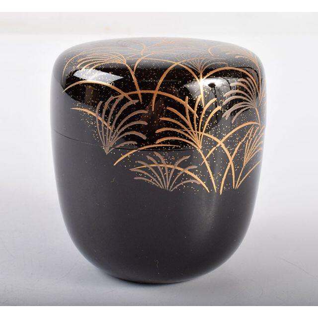 茶道具 加賀蒔絵師 田中宗凌作 黒漆蒔絵 月に芒 中棗 共箱 C 茶道具 加賀蒔絵師 田中宗凌作 黒漆蒔絵 月に芒 中棗 共箱 C