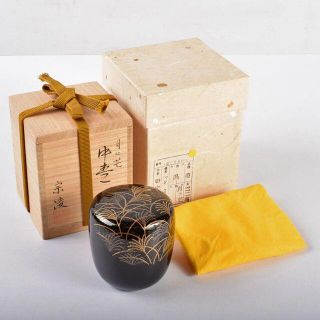 茶道具　加賀蒔絵師　田中宗凌作　黒漆蒔絵　月に芒　中棗　共箱　C　R4148