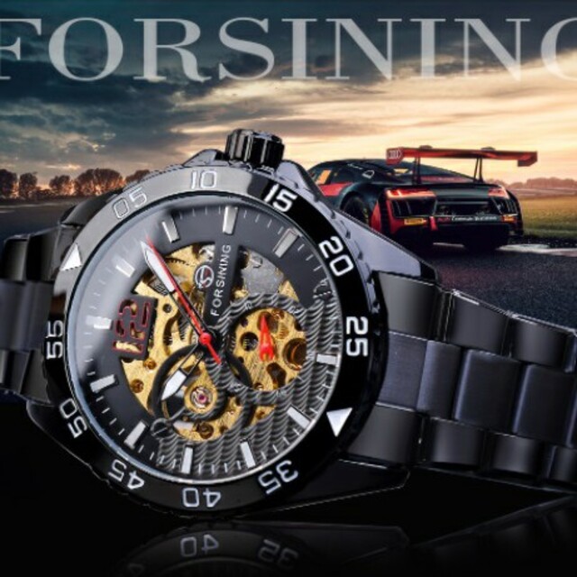 自動巻き　ブラック　メンズ腕時計　FORSININGステンレス　高品質　大人気