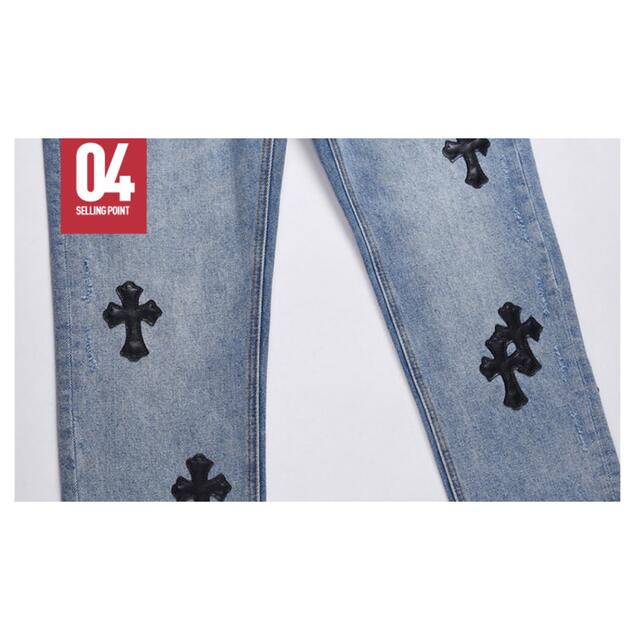クロスパッチ　レザー　デニム　ブルー　ストリート　ストレート メンズのパンツ(デニム/ジーンズ)の商品写真