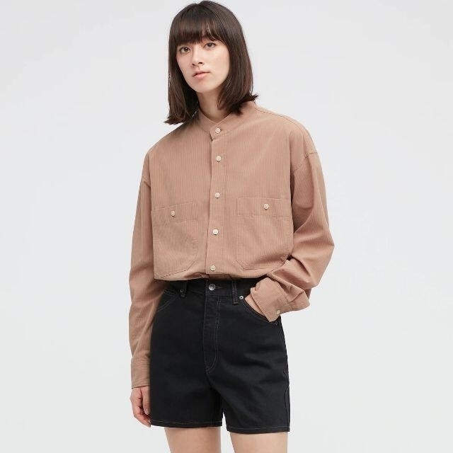 UNIQLO(ユニクロ)のワイドフィット　スタンドカラー ストライプシャツ ピンク L ユニセックス メンズのトップス(シャツ)の商品写真