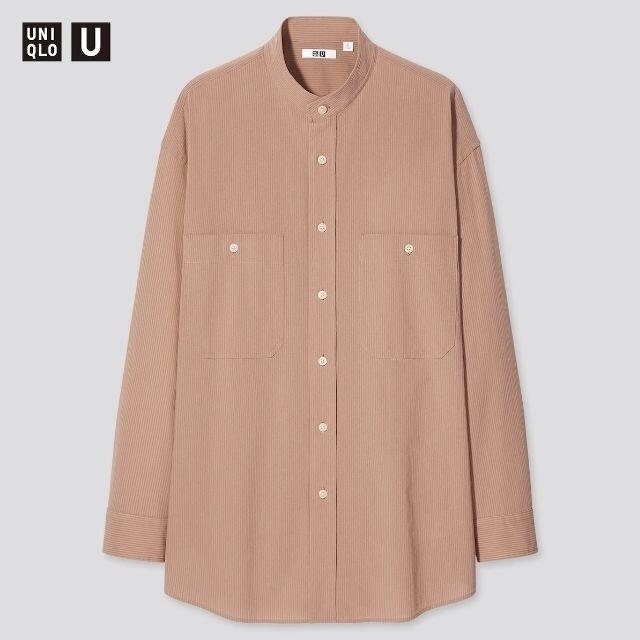 UNIQLO(ユニクロ)のワイドフィット　スタンドカラー ストライプシャツ ピンク L ユニセックス メンズのトップス(シャツ)の商品写真