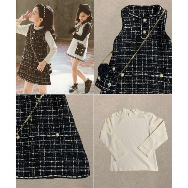 キッズ 女の子 130 黒 ツイードチェックワンピース 韓国 大人っぽい 女子 キッズ/ベビー/マタニティのキッズ服女の子用(90cm~)(ワンピース)の商品写真