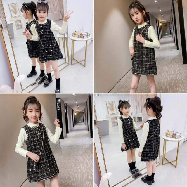 キッズ 女の子 140 黒 ツイードチェックワンピース 韓国 大人っぽい 女子 キッズ/ベビー/マタニティのキッズ服女の子用(90cm~)(ワンピース)の商品写真