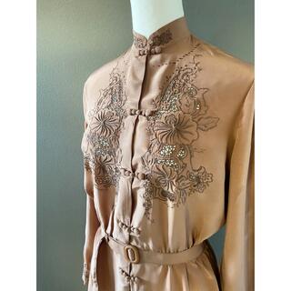 アンティーク ビンテージ 70s シルク ドレス ワンピース 花柄 刺繍