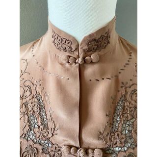 アンティーク ビンテージ 70s シルク ドレス ワンピース 花柄 刺繍