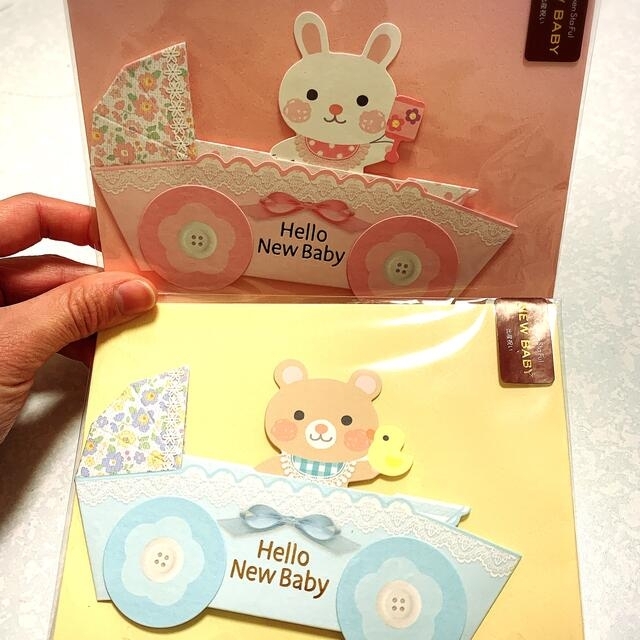 出産祝い　カード　うさぎ　くま　ひよこ　Hello New Baby ハンドメイドの文具/ステーショナリー(カード/レター/ラッピング)の商品写真