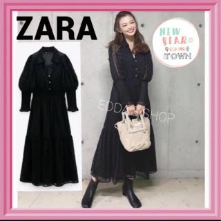 ザラ(ZARA)のZARA ドット　水玉　ロングワンピ　レース　スイスドット柄　長袖　シャツワンピ(ロングワンピース/マキシワンピース)