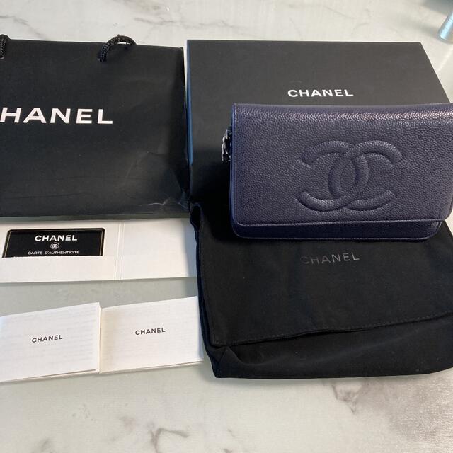 CHANEL チェーンウォレット　ネイビー　キャビアスキン　シルバー金具