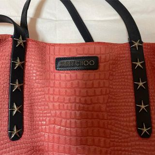 ジミーチュウ(JIMMY CHOO)のJIMMY CHOOレザートートバッグ ヘビ柄 レッド 赤 ワインレッド 希少(トートバッグ)