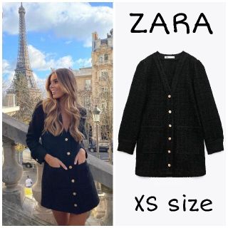 ザラ(ZARA)のZARA　テクスチャー　カーディガン　ワンピース　XSサイズ　ブラック(ミニワンピース)