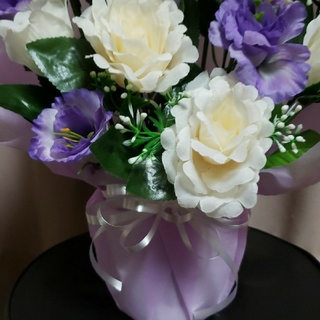 仏花　造花アレンジ　白薔薇&紫のお花