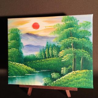 手書き油絵 山河の朝日 置物 絵画 油彩画(絵画/タペストリー)