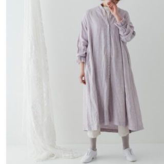 nest Robe リネン バンドカラー ラッフル袖 ワンピース ライトグレー