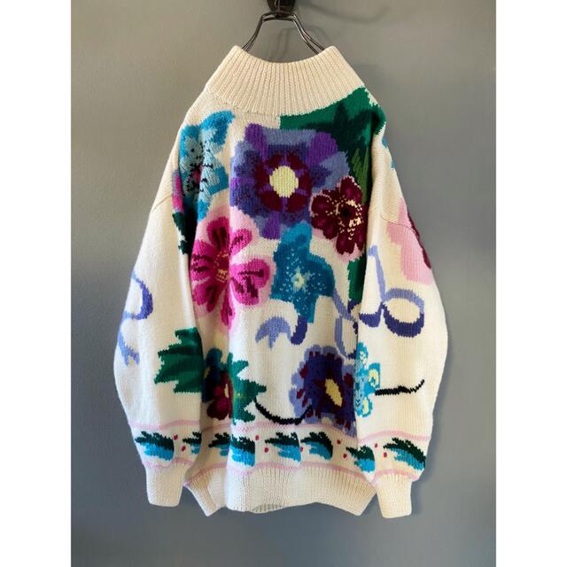 古着 ビンテージ 70s 80s ハンドメイド 花柄 ザックリ ウール ニット