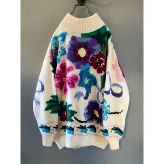 古着 ビンテージ 70s 80s ハンドメイド 花柄 ザックリ ウール ニット(ニット/セーター)