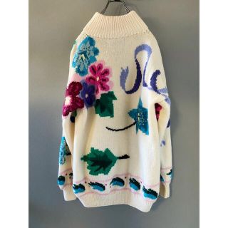 ビンテージ 70s 80s ハンドメイド 花柄 ザックリ ウール ニット