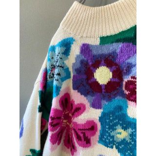 ビンテージ 70s 80s ハンドメイド 花柄 ザックリ ウール ニット