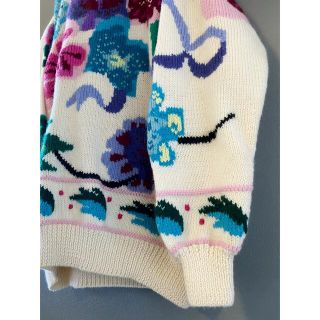 ビンテージ 70s 80s ハンドメイド 花柄 ザックリ ウール ニット