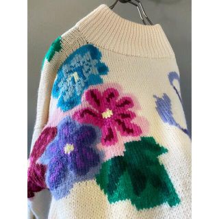 ビンテージ 70s 80s ハンドメイド 花柄 ザックリ ウール ニット