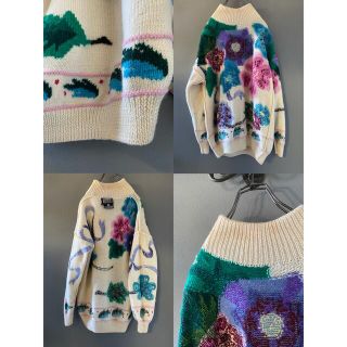 ビンテージ 70s 80s ハンドメイド 花柄 ザックリ ウール ニット