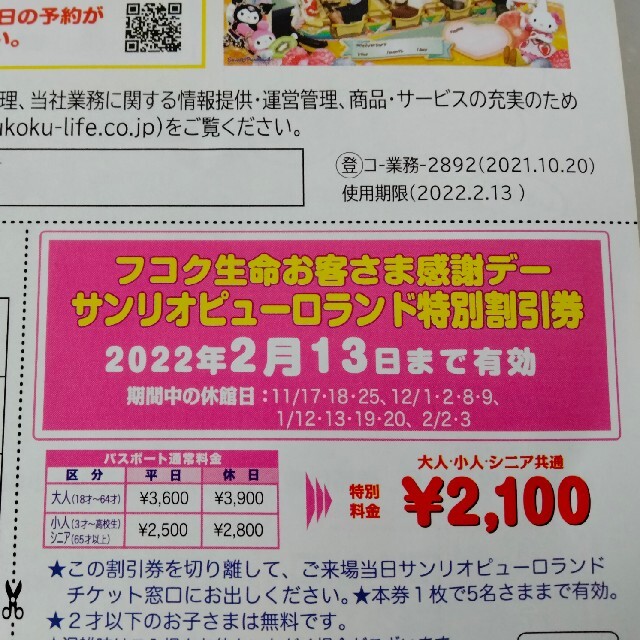 サンリオピューロランド パスポート(高校生まで) 2枚。使用期限6月30日です。