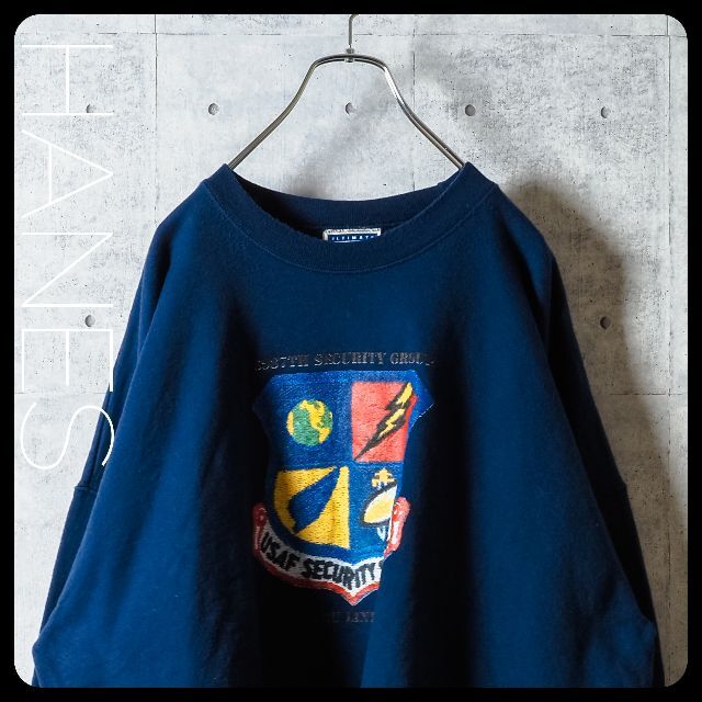 90s Hanes 刺繍 タグ ビッグシルエット 太アーム ネイビー 2XL