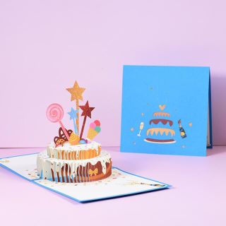 お誕生日カード　ポップアップ　ワイン　立体ケーキ　メッセージカード付　ブルー(その他)