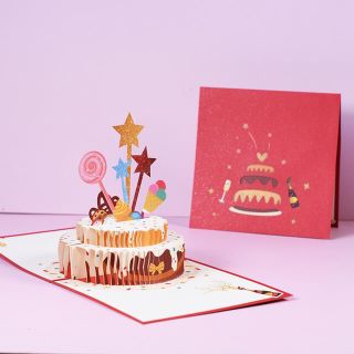 【新品】お誕生日カード　ポップアップ　ワイン　立体ケーキ　メッセージカード付　赤(その他)