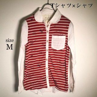 ボーダーシャツ　Tシャツ×シャツ　ホワイト×レッド　M(シャツ/ブラウス(長袖/七分))