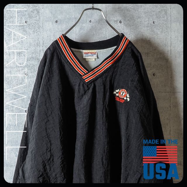 安心 保証 USA 90s HARTWELL Vネック ゲーム JKT 企業ロゴ ラインリブ