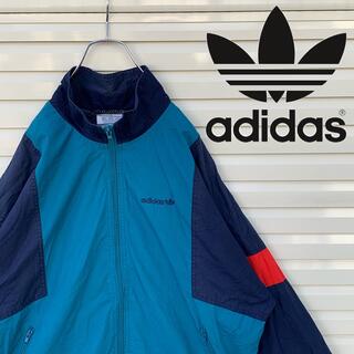 日本人気超絶の 90's adidas アディダス ナイロンジャケット 刺繍ロゴ　XL 美品　青 ナイロンジャケット