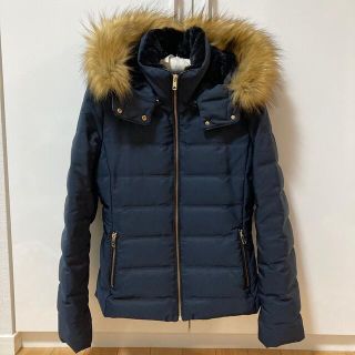 ザラ(ZARA)のZARA ザラ フード付きダウンジャケット L ネイビー 紺色 ファー コート(ダウンジャケット)