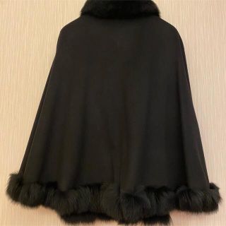 ピュアカシミヤ100%マント黒ポンチョ♡美品毛皮フォックスファー