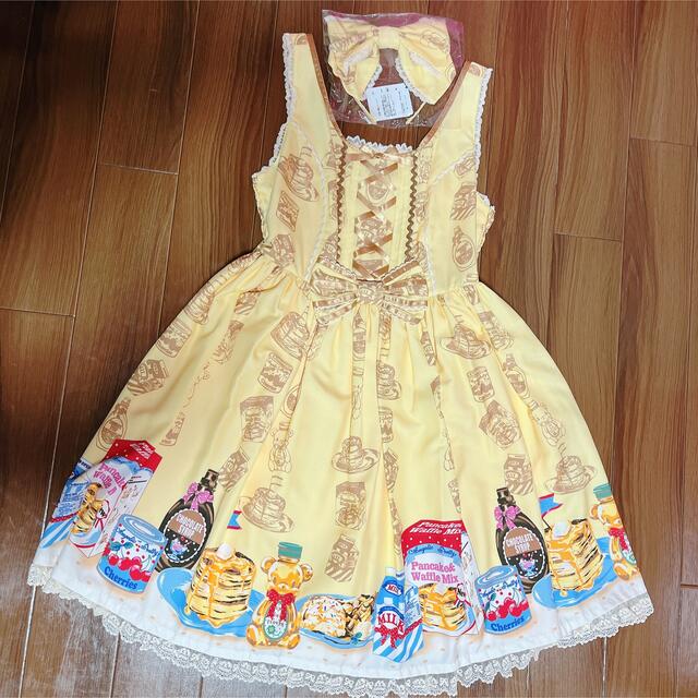 Angelic Pretty(アンジェリックプリティー)の【美品】Honey cake ジャンパースカート＆カチューシャset イエロー レディースのワンピース(ひざ丈ワンピース)の商品写真