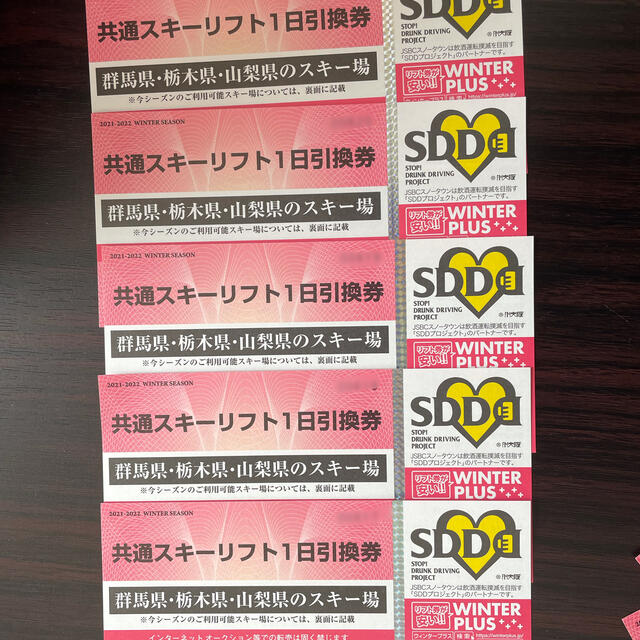 群馬、栃木、山梨の共通リフト1日券×5枚