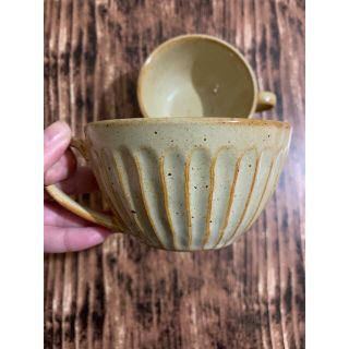 削り模様 ベージュスープマグカップ 2個 和食器 美濃焼 オシャレ カフェ風(食器)