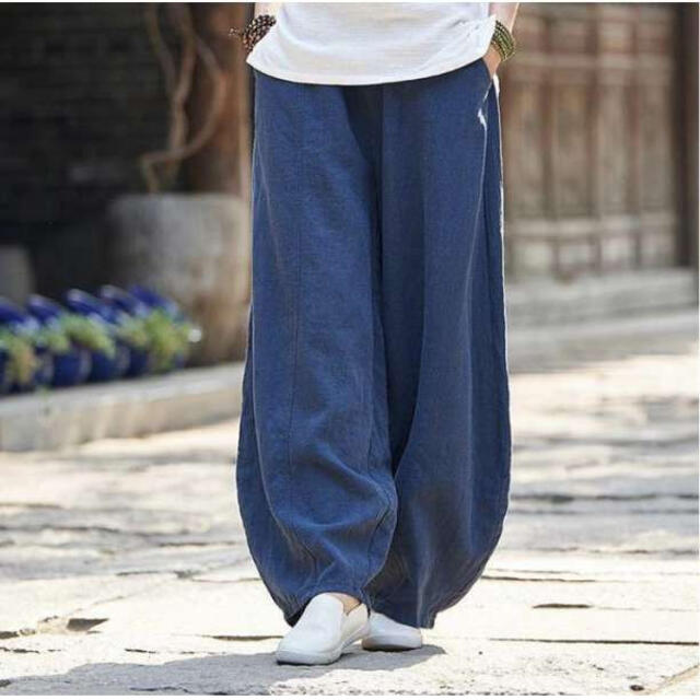 L ユニセックス ワイドパンツ ウエストゴム サルエル風 ネイビー 綿麻  メンズのパンツ(サルエルパンツ)の商品写真