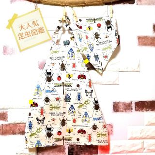 マスク２個✨北欧風✨昆虫図鑑✨110〜130cm✨簡単子供エプロン＆三角巾セット(ファッション雑貨)