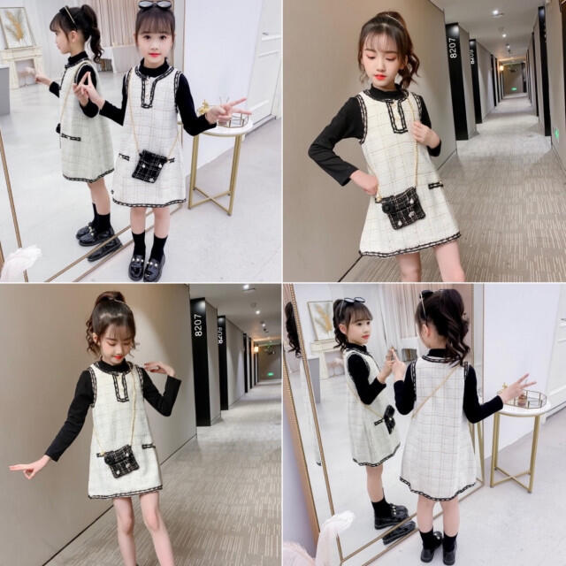 キッズ 女の子 120 白 ツイードチェックワンピース 韓国 大人っぽい 女子 キッズ/ベビー/マタニティのキッズ服女の子用(90cm~)(ワンピース)の商品写真